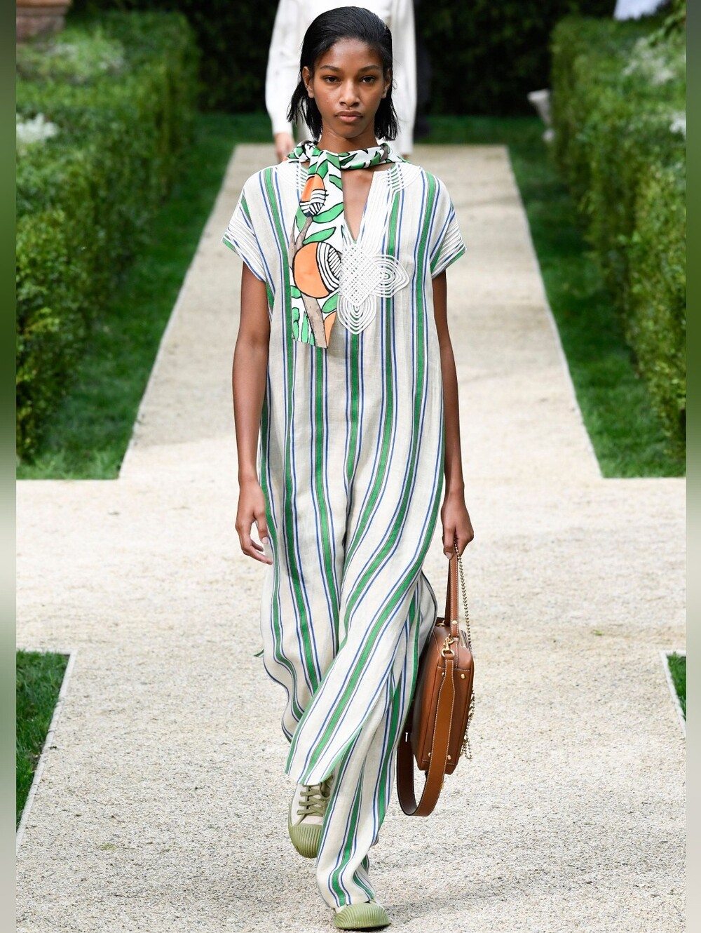 TORY BURCH  EUC Linen Kaftan Royal, Green Stripes w/ Embroidered Logo Sz Med